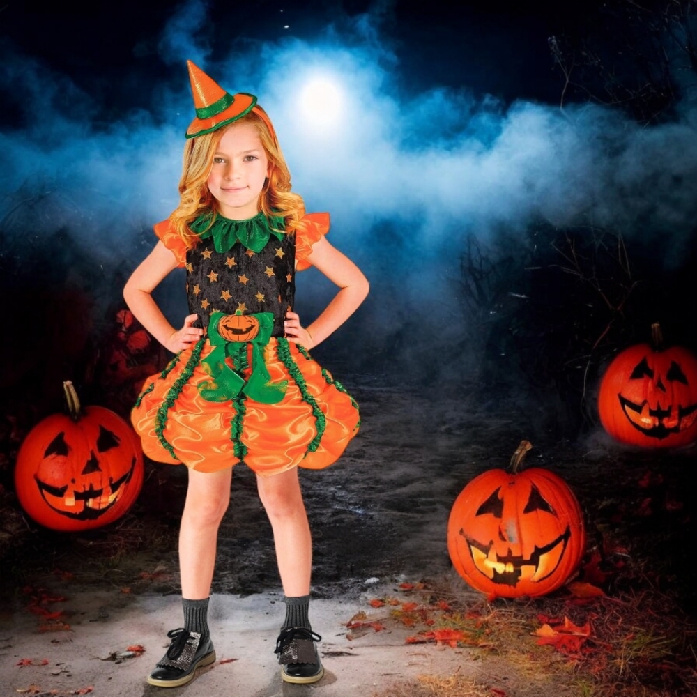 Pumpkin Witch Girl's Orange Green and Black Dress Costume with Mini Hat, New